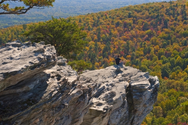 Hanging Rock View from Side Aerial Man Fall Color_(C)VisitNC